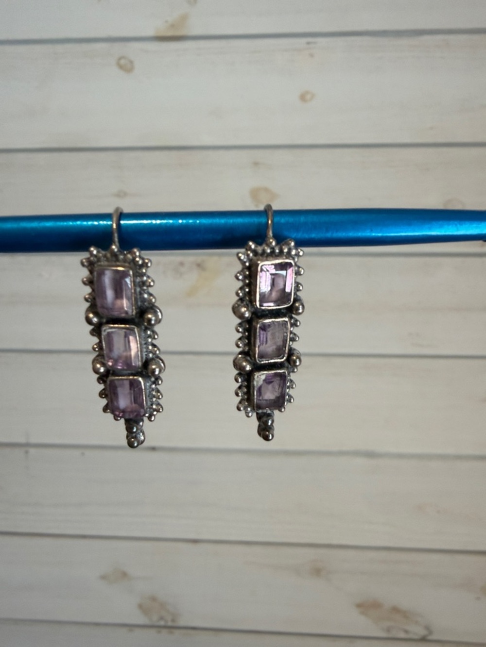 Sterling Silver 925 Amethyst Drop Earrings- Artisan Balinese Style